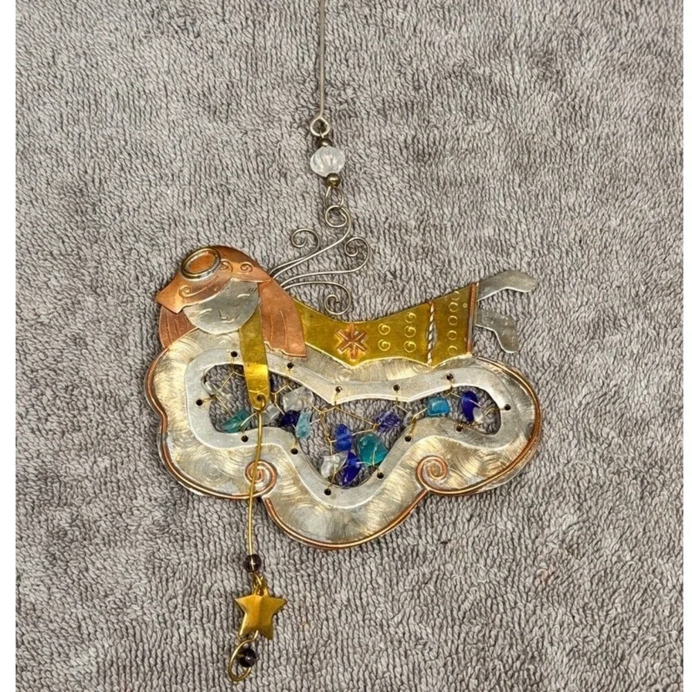 Vtg Chico's Mixed Metal Beads Angel In Cloud Catching Star Christmas Ornament